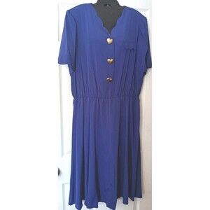 Vintage Hana Sung II Dress Size 22W Royal Blue Gold Tone Heart Button Scalloped
